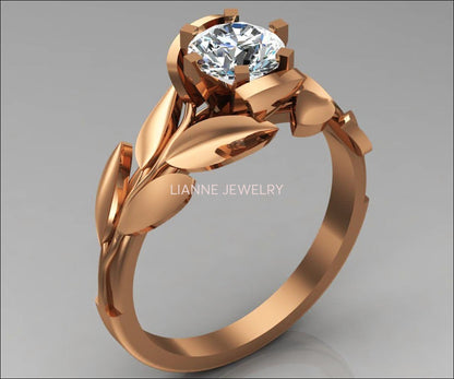 Rose Gold Ring, Leaves Ring, 18K Gold Diamond Engagement ring, Engagement ring, Leaf ring, Flower ring, Antique, Art nouveau, Vintage ring - Lianne Jewelry