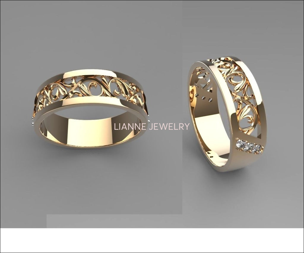 Flower Wedding Band, Filigree Wedding Ring Band Milgrain gold ring Flower band floral ring Birthday Gift in 14K or 18K gold with 6 accents - Lianne Jewelry