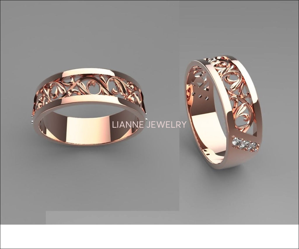 Filigree Wedding Band Milgrain gold ring Flower band floral ring Birthday Gift  in 14K or 18K Rose gold 6 accents - Lianne Jewelry