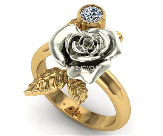 Rose Engagement Ring, Rose Leaf Ring, Unique Floral Engagement Ring, 2 Tone Ring, Gold Ring Flower, Floral Engagement Ring White Gold - Lianne Jewelry