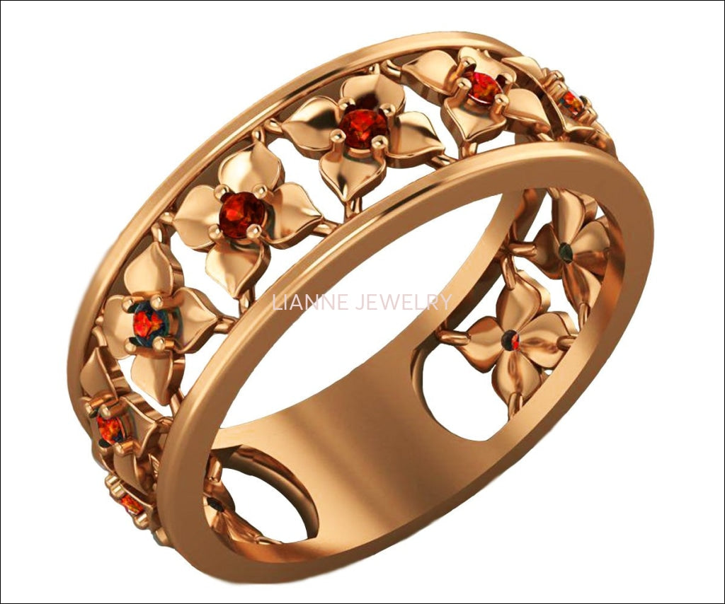 Rose Gold Red Flower Eternity Wedding band Ring Leaf ring Filigree band Victorian Flower Band Friendship Red Floral Jewelry Width 6.9 mm - Lianne Jewelry