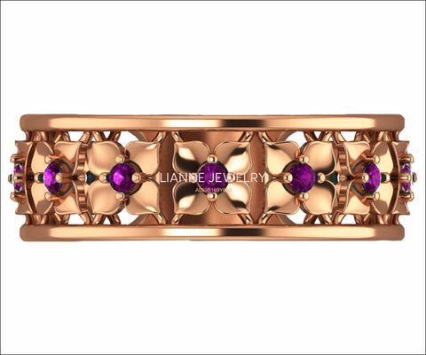Amethyst Rose Gold Wedding Purple Flower Eternity Wedding band Ring Art Nouveau Leaf ring Filigree band Purple Floral Jewelry Wedding gift - Lianne Jewelry
