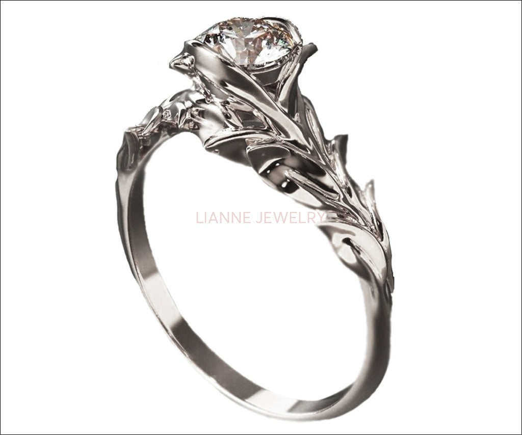 Leaf Engagement Ring, White Gold Solitaire Ring, Flower Ring, Leaves Ring, Branch Ring, Art Nouveau Flower ring, Jewelry Engagement - Lianne Jewelry