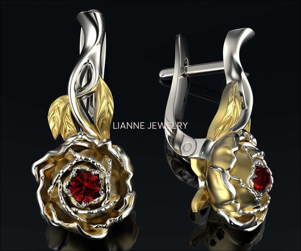 Ruby Floral Studs Red Stud Earrings Vintage Earrings Woman Gift Leverback 2 Tone Flower Earrings Filigree Earrings for Her 14K Gold - Lianne Jewelry