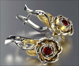 Ruby Floral Studs Red Stud Earrings Vintage Earrings Woman Gift Leverback 2 Tone Flower Earrings Filigree Earrings for Her 14K Gold - Lianne Jewelry