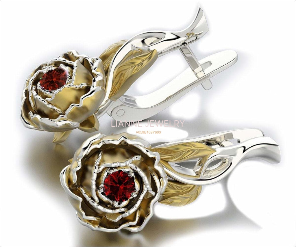 Ruby Floral Studs Red Stud Earrings Vintage Earrings Woman Gift Leverback 2 Tone Flower Earrings Filigree Earrings for Her 14K Gold - Lianne Jewelry