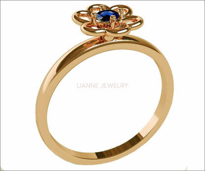 Gold Sapphire Solitaire Ring Flower Ring Leaves Ring Branch Ring Art Nouveau Unique Engagement Flower Jewelry Engagement Gift 14K - Lianne Jewelry