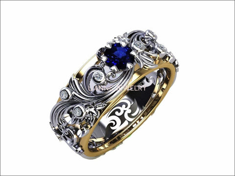 Gold ring Edwardian Sapphire ring Sapphire Ring Diamond Ring Milgrain Ring Art Nouveau unique Ring Engraved Ring Flower Band Leaves - Lianne Jewelry