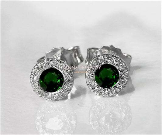 Emerald Studs Halo Earrings surrounded with Diamonds Birthday Gift Minimalist Earrings Sunflowers Earrings 14K or 18K White gold - Lianne Jewelry