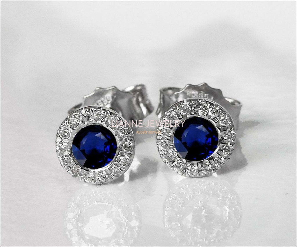 Sapphire Studs Halo Earrings surrounded with Diamonds Birthday Gift Minimalist Earrings Sunflowers Earrings 14K or 18K White gold - Lianne Jewelry