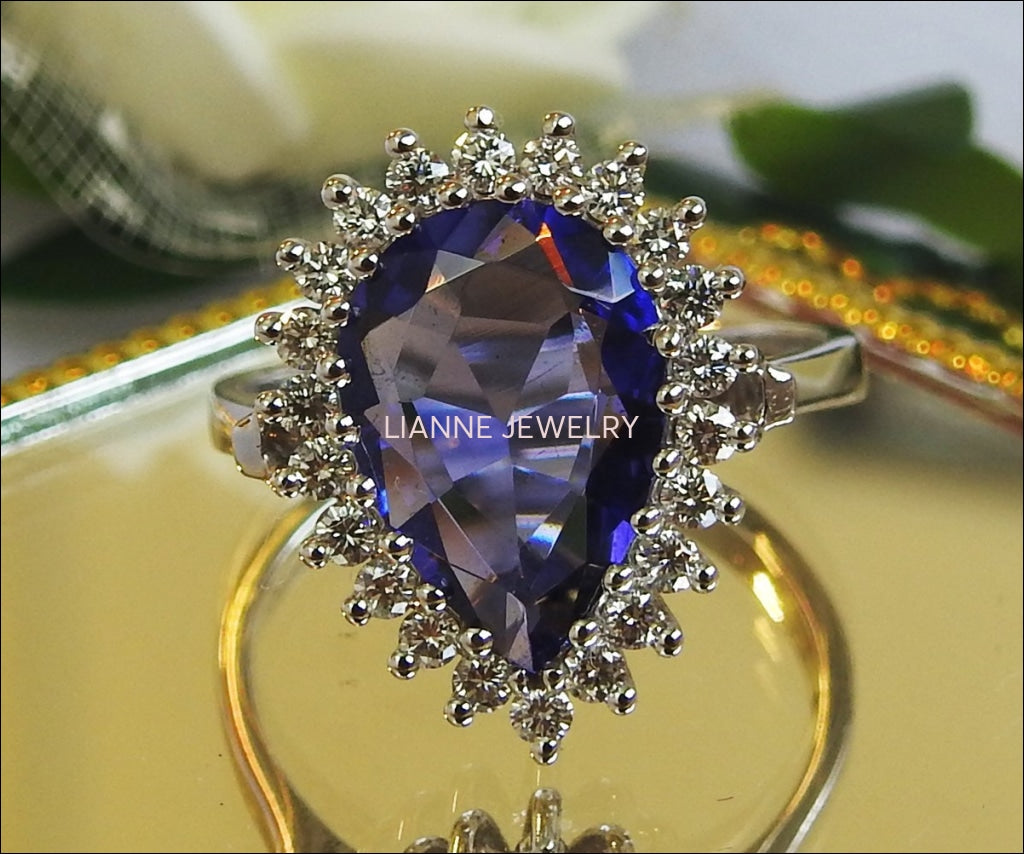 14K Tanzanite Engagement Ring, Pear shape Purple Gemstone surrounded with Diamonds - Lianne Jewelry