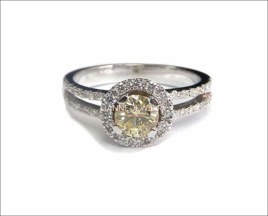 Vintage Diamond ring Gold ring Unique 0.43 carat Fancy Yellow Diamond in double shank Pave ring in White gold - Lianne Jewelry