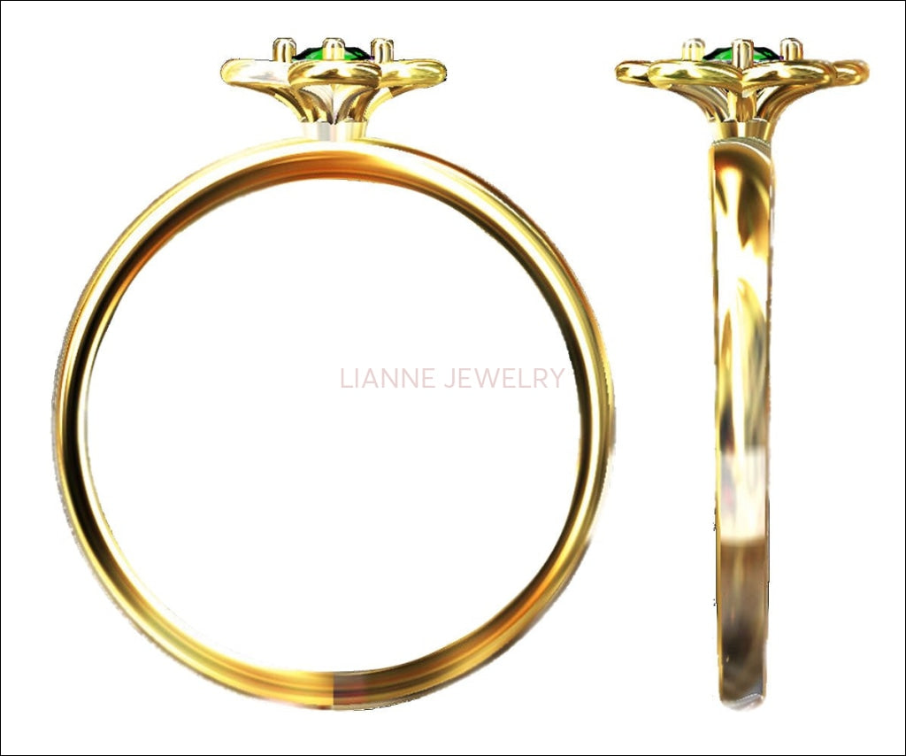 Golden Emerald Solitaire Ring Flower Ring Leaves Ring Branch Ring Art Nouveau Unique Engagement Flower Jewelry Engagement Gift 14K - Lianne Jewelry