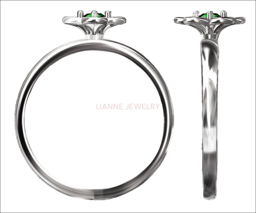 White gold Green Flower Solitaire Ring Leaves Ring Branch Ring Art Nouveau Diamond Unique Engagement Flower Jewelry Engagement Gift 14K - Lianne Jewelry