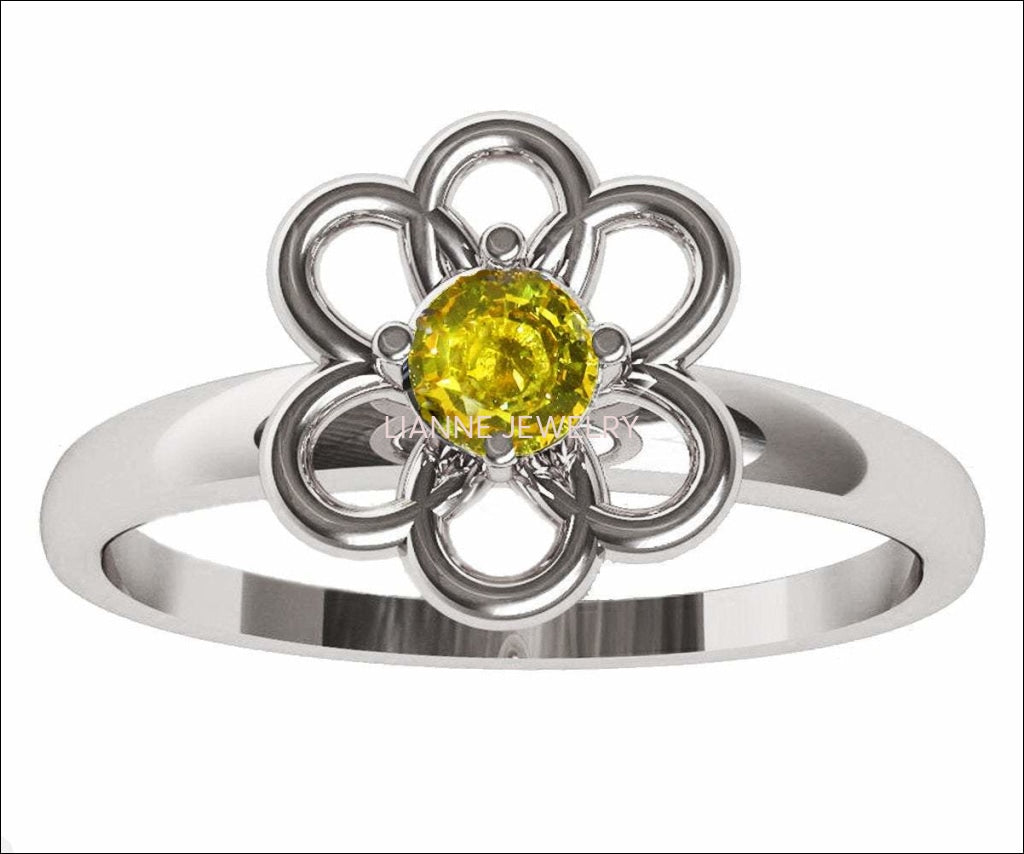 Yellow Sapphire Solitaire Ring Flower Ring White Gold Leaves Ring Branch Ring Art Nouveau Unique Engagement Flower Jewelry Engagement Gift - Lianne Jewelry