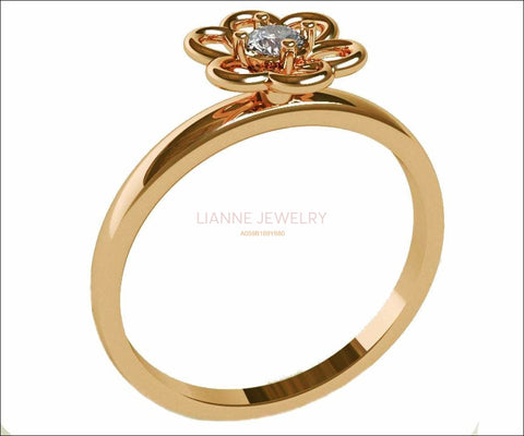 Gold Flower Diamond Ring, Yellow Gold Solitaire Diamond Engagement Ring, Engagement Flower Ring, Diamond Flower Engagement Ring, Flower Ring - Lianne Jewelry