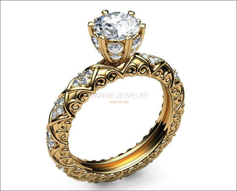 Unique Milgrain Engagement ring 18K Gold Ring Vintage Ring 6 double prongs in high setting - Lianne Jewelry