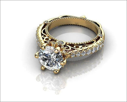 2.5 ct Filigree Solitaire Milgrain 6 prongs 18K Edwardian Flower Unique Moissanite Engagement Ring Natural 1/2 carat 46 side diamonds - Lianne Jewelry