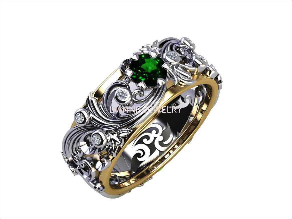 Emerald Ring Flower band Leaf Ring Wedding Band White Gold Leaf Wedding Band Engraved Band Ring Green Wedding Band Flower Wedding Band - Lianne Jewelry