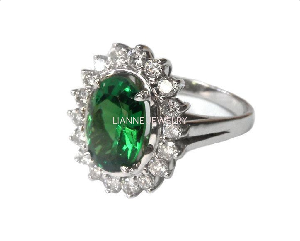 Exclusive Tsavorite Vintage Ring, Oval Halo Ring, 18 Diamonds, Certified Stone - Lianne Jewelry