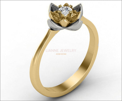 Rose Flower Engagement Ring, Lotus Ring, Open Flower with Diamond inside - Lianne Jewelry