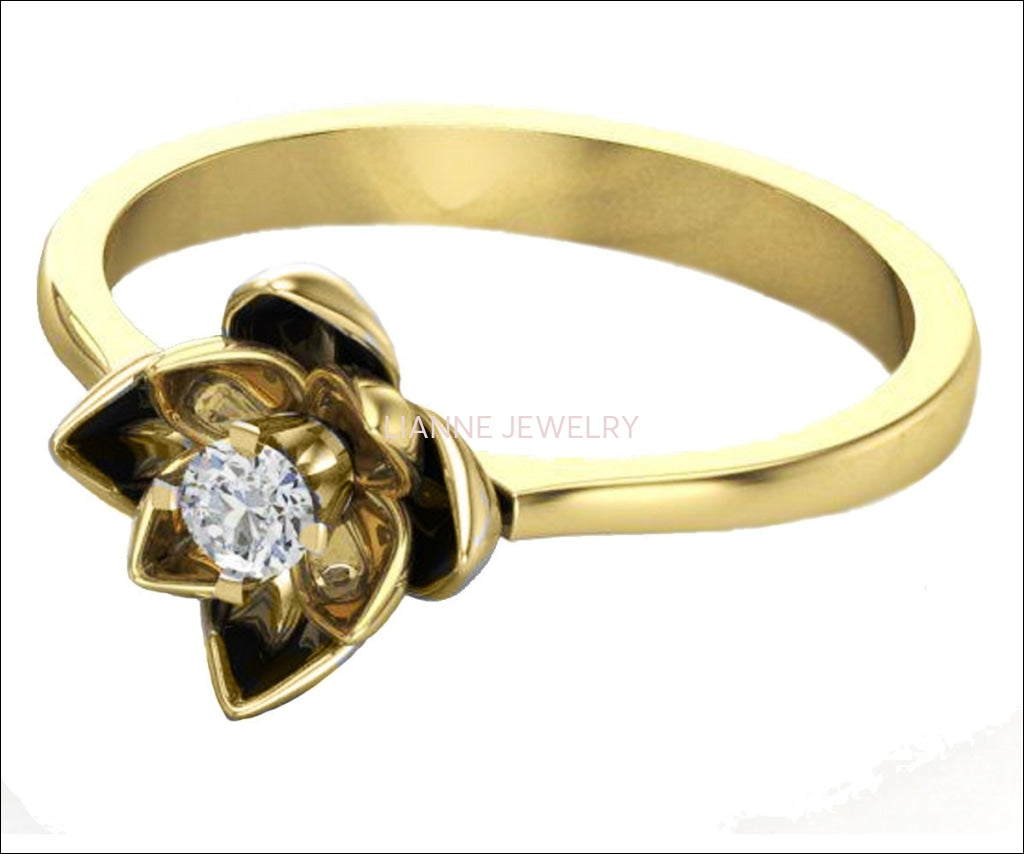 Solitaire Lotus Flower Ring, Leaves Diamond Ring, Unique Engagement ring, 18K Yellow gold Botanical Engagement Ring - Lianne Jewelry