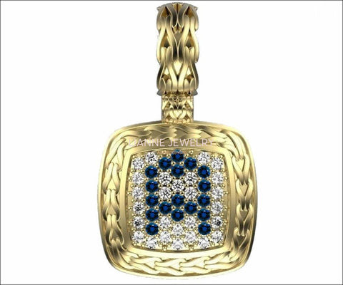 Personalized pendant Letter A Pendant Pave Pendant Sapphires and Diamonds Filigree Pendant Art Nouveau Yellow gold Anniversary Gift - Lianne Jewelry
