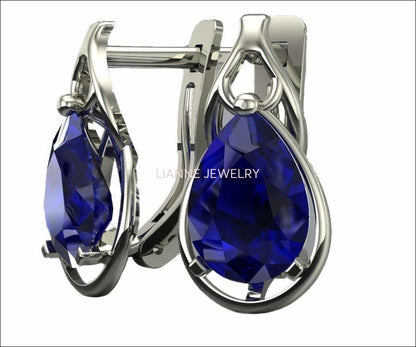 Blue Sapphire Leverback Earrings Pear Shape Sapphires Avant Garde Anniversary Earrings White Gold Earrings Art Nouveau Earrings in 14K 18K - Lianne Jewelry