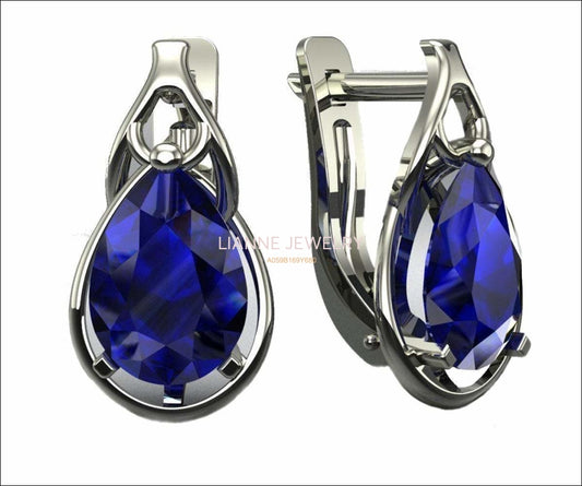 Blue Sapphire Leverback Earrings Pear Shape Sapphires Avant Garde Anniversary Earrings White Gold Earrings Art Nouveau Earrings in 14K 18K - Lianne Jewelry