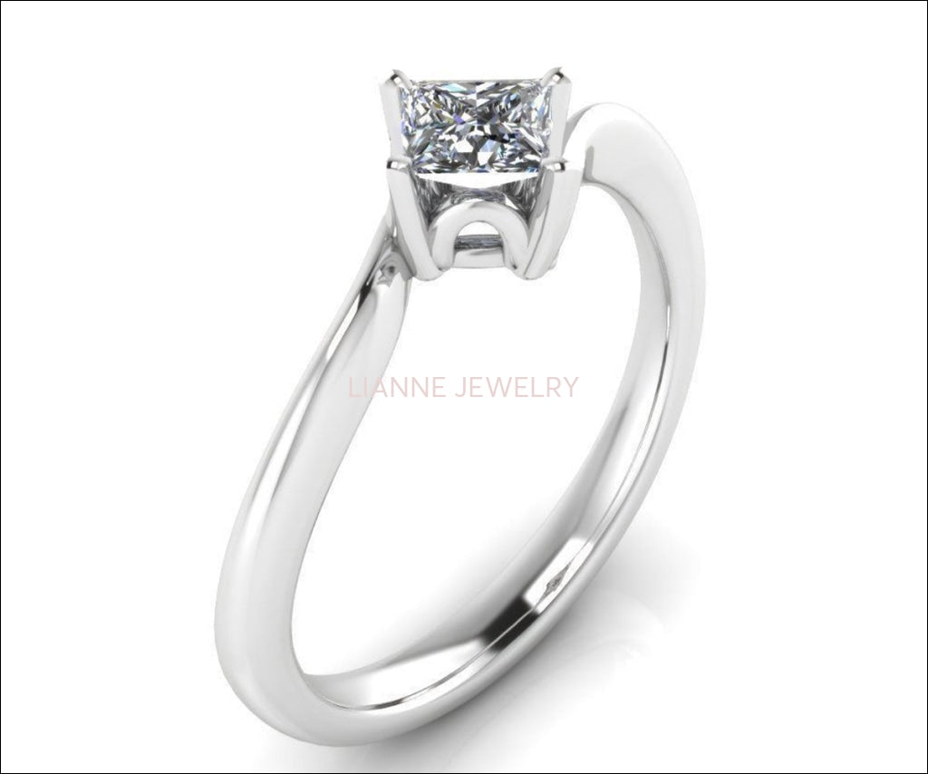 Twist Solitaire Engagement Ring with Square cut Princess cut Diamond Minimalist Diamond Ring made in 14K or 18K White gold Birthday Gift - Lianne Jewelry