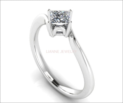 Twist Solitaire Engagement Ring with Square cut Princess cut Diamond Minimalist Diamond Ring made in 14K or 18K White gold Birthday Gift - Lianne Jewelry