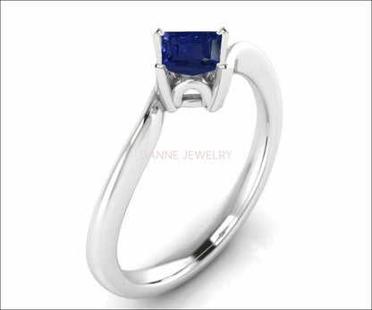 Solitaire Ring Blue Ring Engagement Ring Square cut Princess cut Sapphire Minimalist Sapphire Ring made in 14K 18K White gold Birthday Gift - Lianne Jewelry