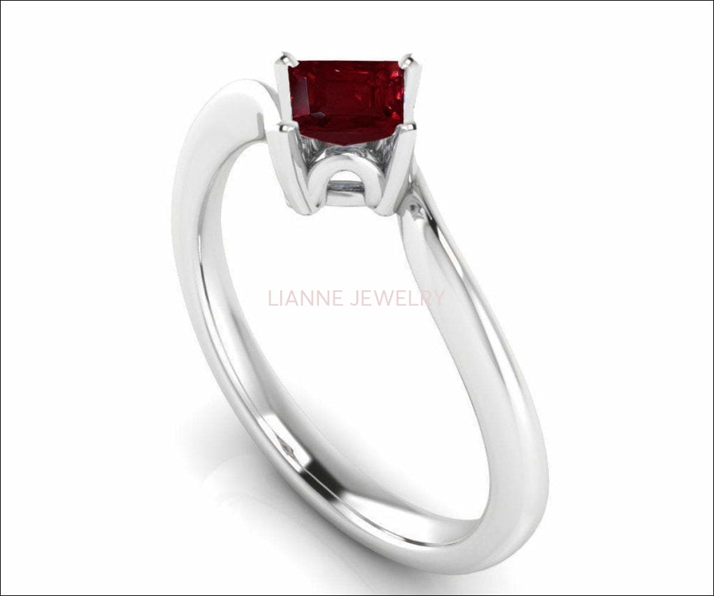 Twist Solitaire Red Engagement Ring Square cut Princess cut Ruby Minimalist Ruby Ring made in 14K or 18K White gold Birthday Gift - Lianne Jewelry