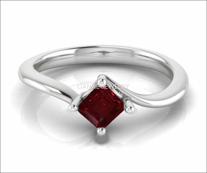 Twist Solitaire Red Engagement Ring Square cut Princess cut Ruby Minimalist Ruby Ring made in 14K or 18K White gold Birthday Gift - Lianne Jewelry