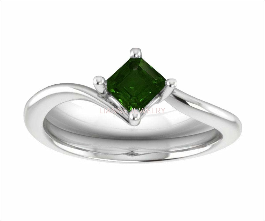 14K Square Emerald Solitaire Engagement Ring, Twist Solitaire Ring, Filigree Green Engagement Ring - Lianne Jewelry