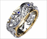 Two Tone Wedding Band, Sapphire Diamond Wedding Band, Engraved Band Ring, Engraved Flower Ring, Floral Engraved Ring Women, Unique Band Ring - Lianne Jewelry