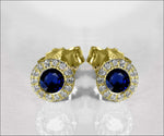 Sapphire Studs Halo Earrings surrounded with Diamonds Birthday Gift Minimalist Earrings Sunflowers Earrings 14K or 18K White gold - Lianne Jewelry
