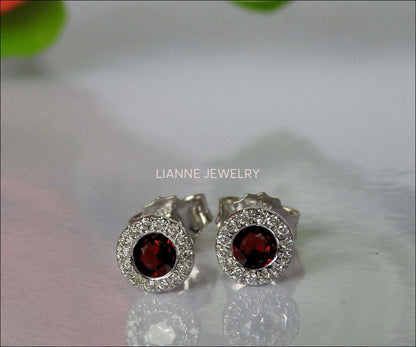 Ruby Studs Halo Earrings surrounded with Diamonds Birthday Gift Minimalist Earrings Sunflowers Earrings 14K or 18K White gold - Lianne Jewelry