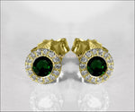 Emerald Studs Halo Earrings surrounded with Diamonds Birthday Gift Minimalist Earrings Sunflowers Earrings 14K or 18K White gold - Lianne Jewelry