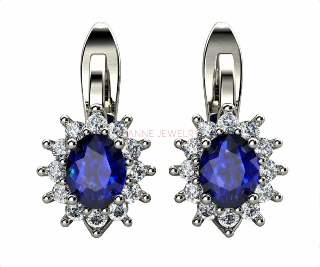 Leverback Earrings Blue Sapphire Oval Shape Sapphires Avant Garde Wedding Earrings White Gold Earrings Art Nouveau Earrings in 14K 18K - Lianne Jewelry