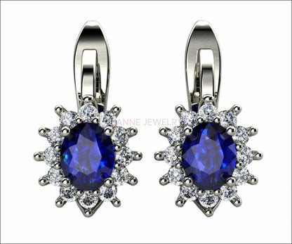 Leverback Earrings Blue Sapphire Oval Shape Sapphires Avant Garde Wedding Earrings White Gold Earrings Art Nouveau Earrings in 14K 18K - Lianne Jewelry