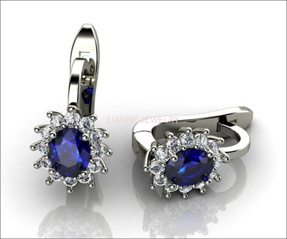 Leverback Earrings Blue Sapphire Oval Shape Sapphires Avant Garde Wedding Earrings White Gold Earrings Art Nouveau Earrings in 14K 18K - Lianne Jewelry