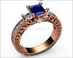 Vintage Sapphire Gold Unique Sapphire Diamond Engagement ring 3-stone Ring channel trellis Engraved 18K White Yellow or Rose gold Jewelry - Lianne Jewelry