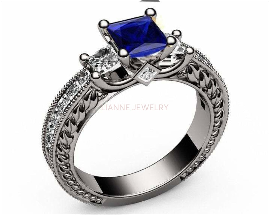 Vintage Sapphire Gold Unique Sapphire Diamond Engagement ring 3-stone Ring channel trellis Engraved 18K White Yellow or Rose gold Jewelry - Lianne Jewelry