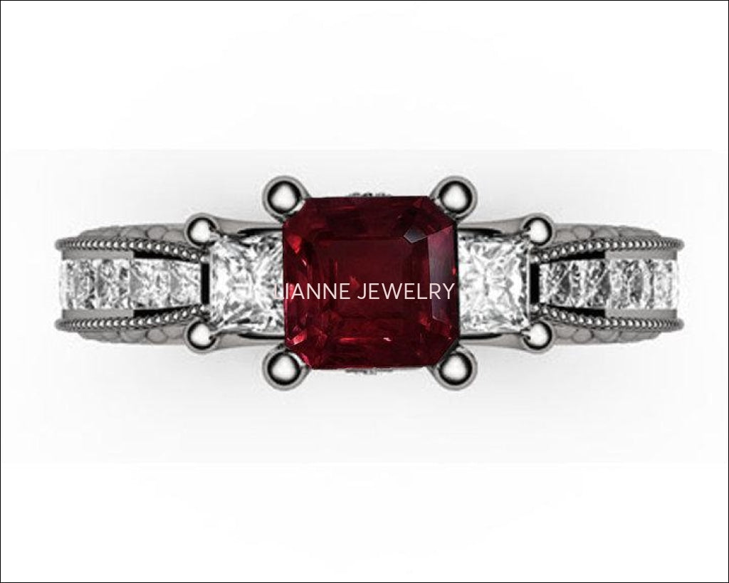 Ruby Gold ring Unique Ruby Diamond Engagement ring 3-stone Ring channel trellis Engraved 18K White Yellow or Rose gold Jewelry - Lianne Jewelry