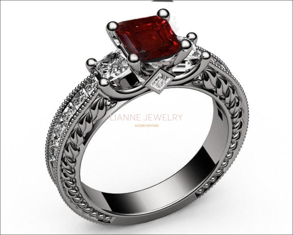 Ruby Gold ring Unique Ruby Diamond Engagement ring 3-stone Ring channel trellis Engraved 18K White Yellow or Rose gold Jewelry - Lianne Jewelry