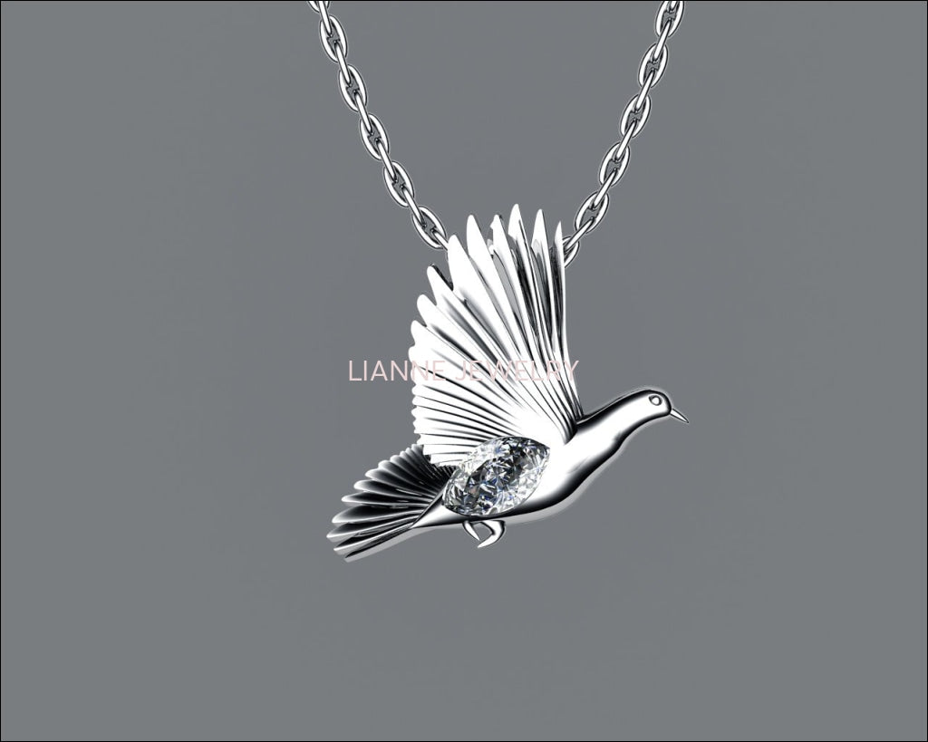 Dove Pendant Wings Pendant Diamond Pendant 14K white gold Peace Pendant Dove Bird Celtic Diamond Marquise Pendant Jewelry Animal Pendant - Lianne Jewelry