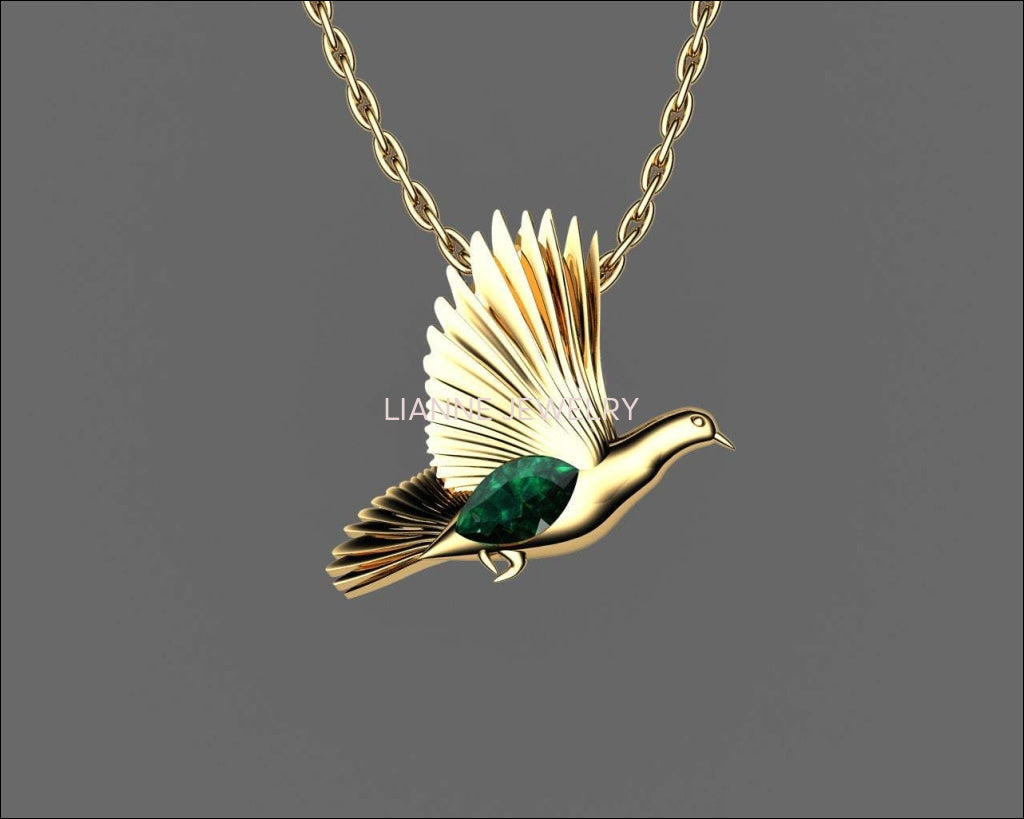 Bird Pendant, Gold Dove Pendant with Ruby Marquise, Wings Pendant, Peace Pendant, Anniversary Gift - Lianne Jewelry