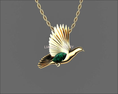 Bird Pendant, Gold Dove Pendant with Ruby Marquise, Wings Pendant, Peace Pendant, Anniversary Gift - Lianne Jewelry