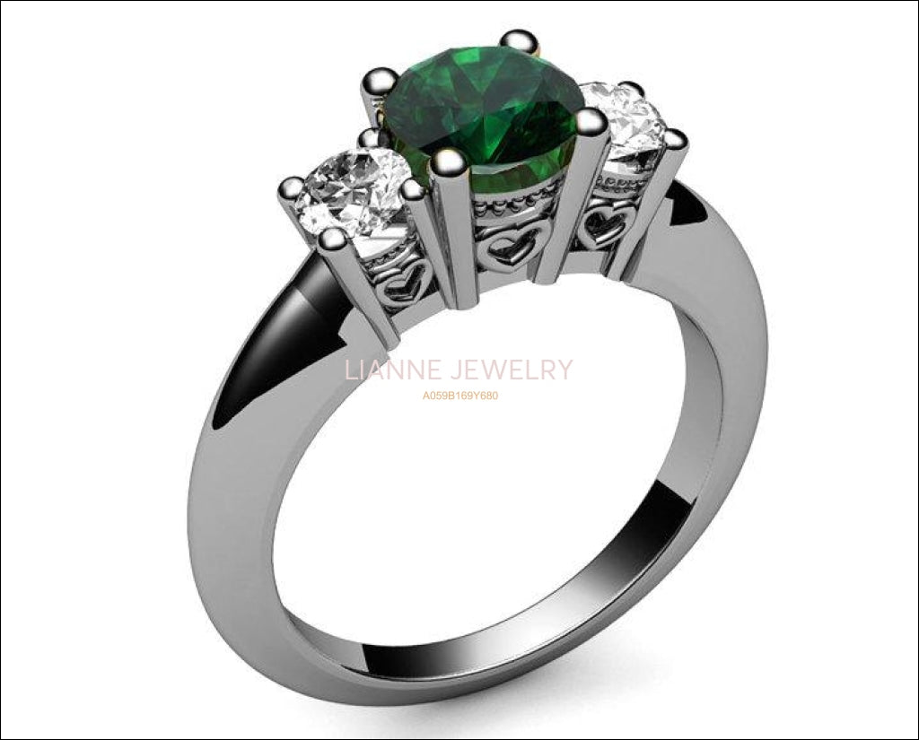 14K White Gold Emerald Ring 3 stone Ring, Unique Engagement Ring, Heart Filigree, Promise Ring, Love Ring for Your Love One - Lianne Jewelry